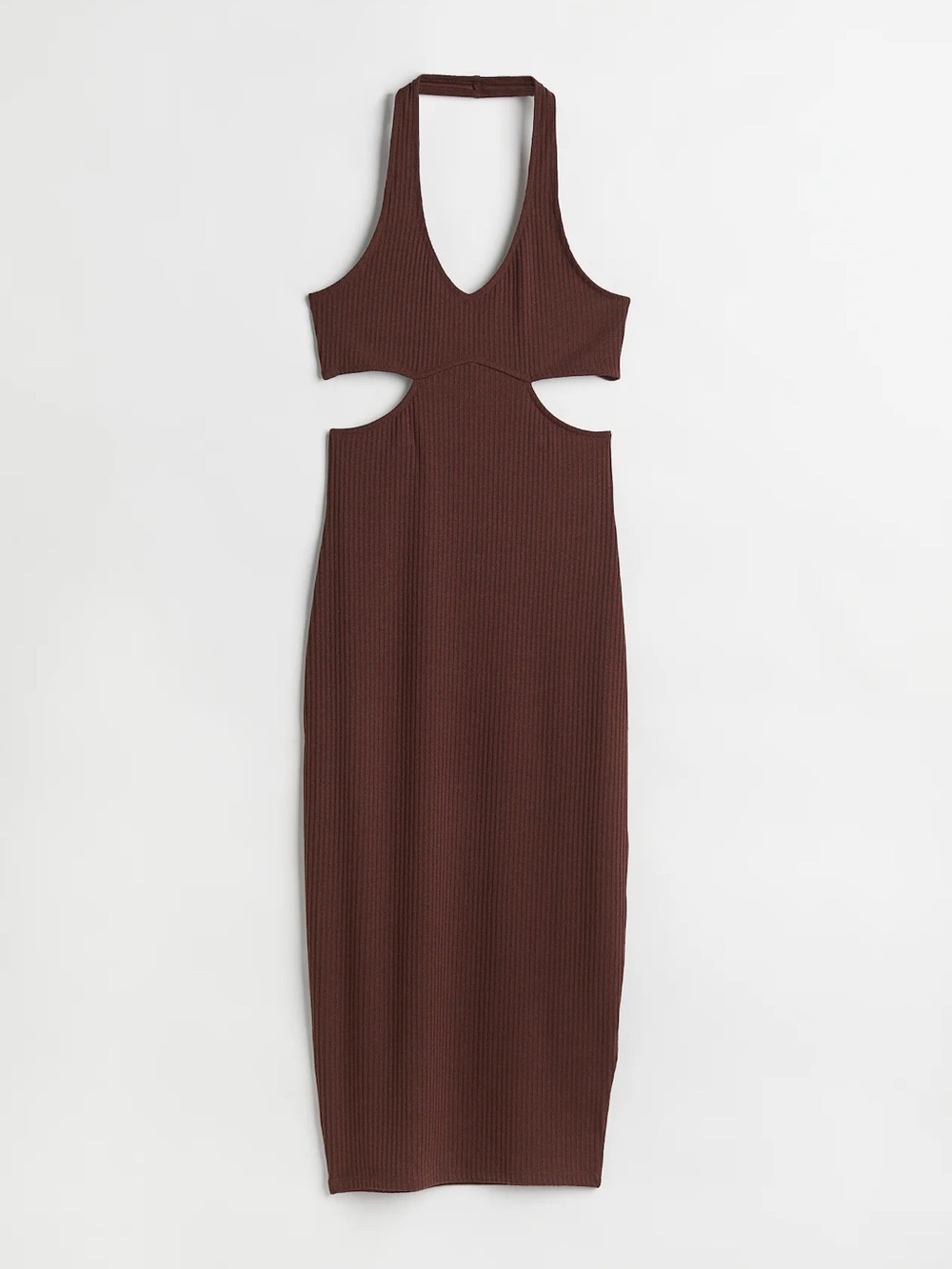 H&M Dark Brown Ribbed Halter Cutout Midi Dress